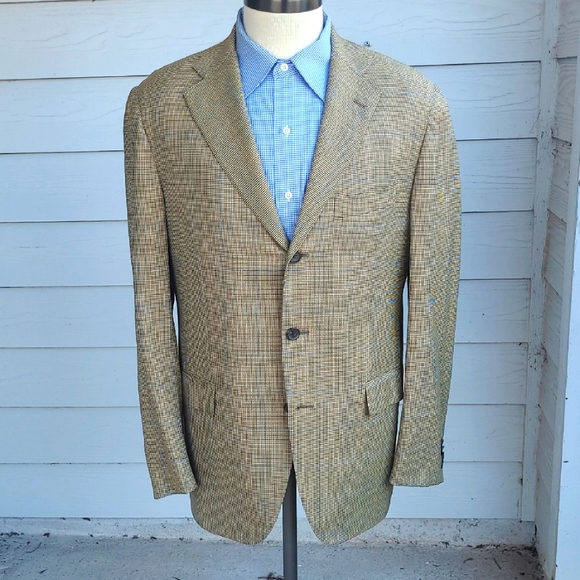 CARUSO Italy Tan Brown Windowpane Plaid Super 120s Wool Sz 40‎ R Mens Sport Coat